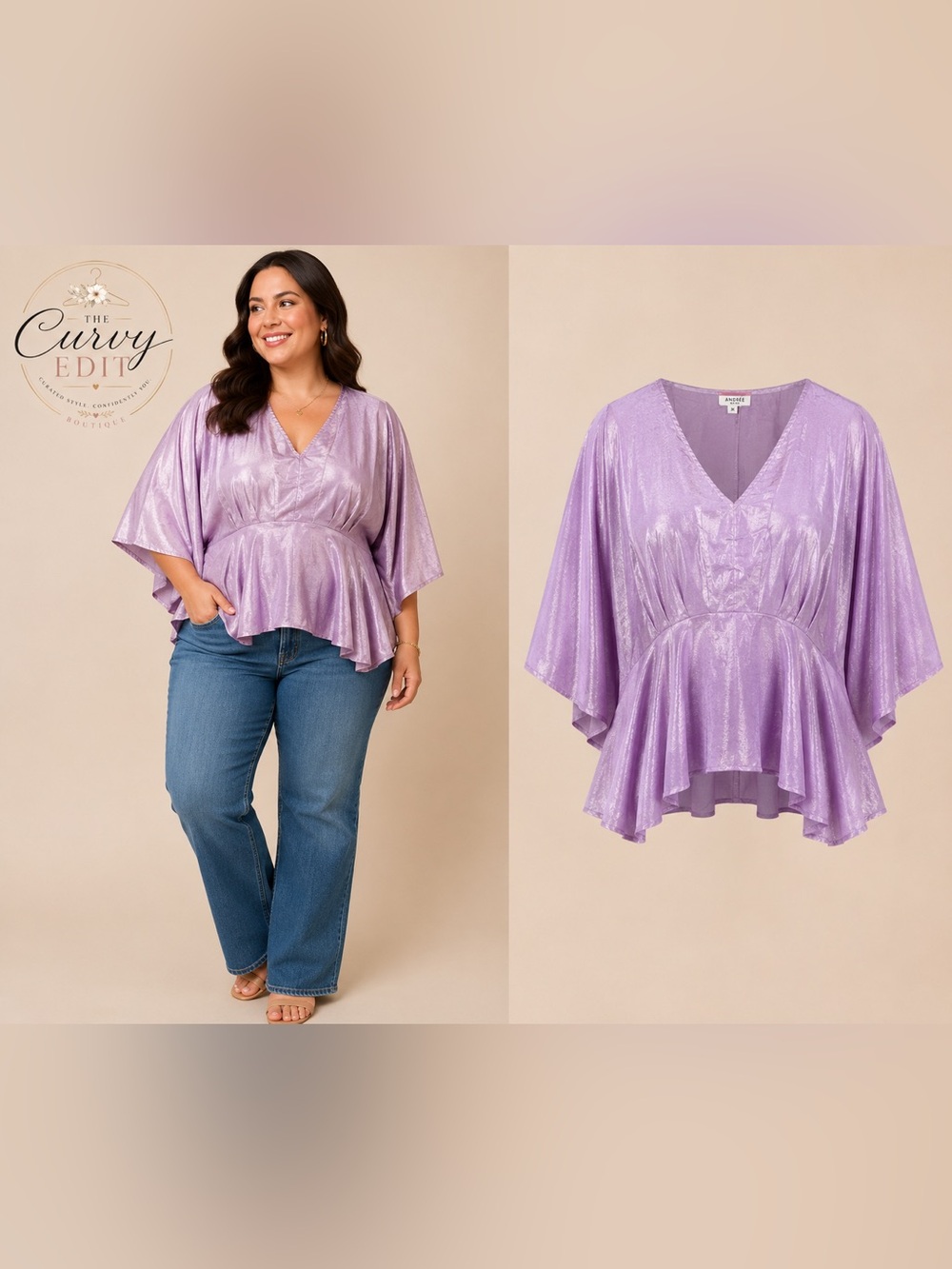 Andrée by Unit 3X Lavender Shimmer Kimono Sleeve Peplum Boutique Top